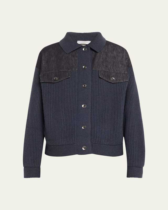 Mixed-Media Denim And Cashmere Knit Jacket