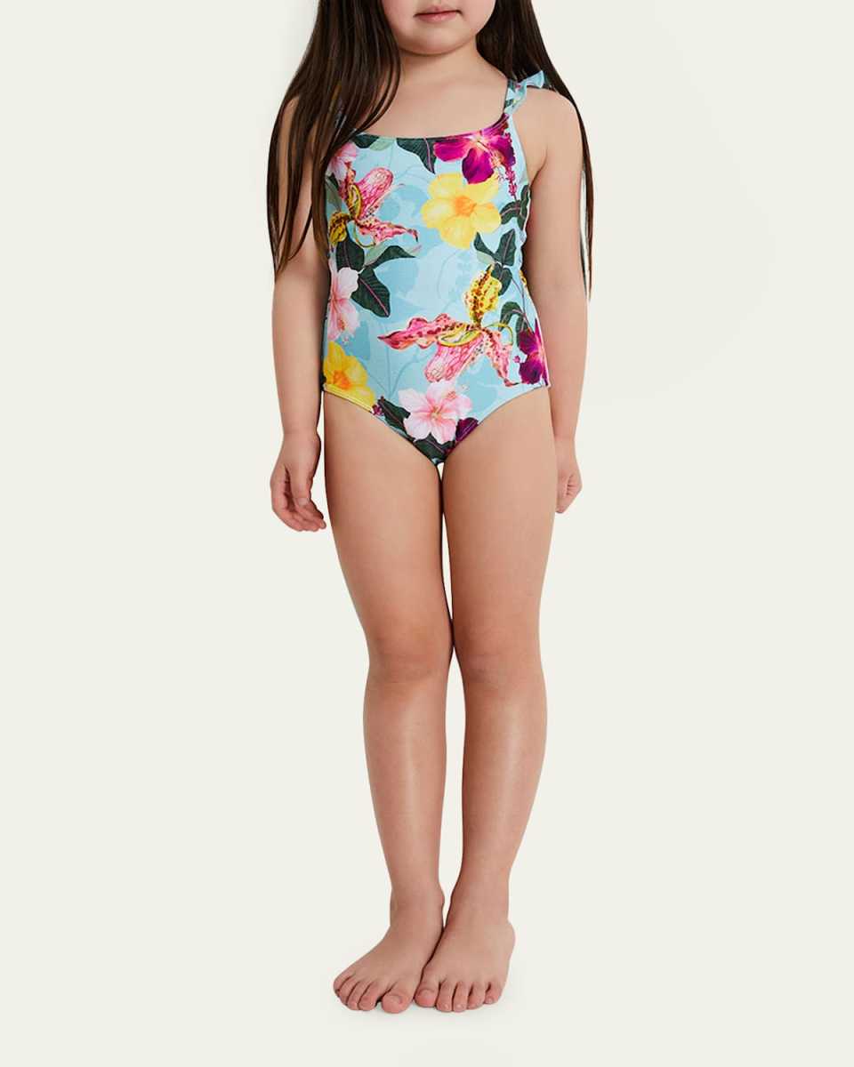 Girl's Hibiscus Ruffle Trim One-Piece Swimsuit, Size 2T-6