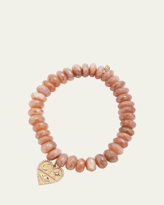 14K Gold Diamond Heart Charm Moonstone Beaded Bracelet
