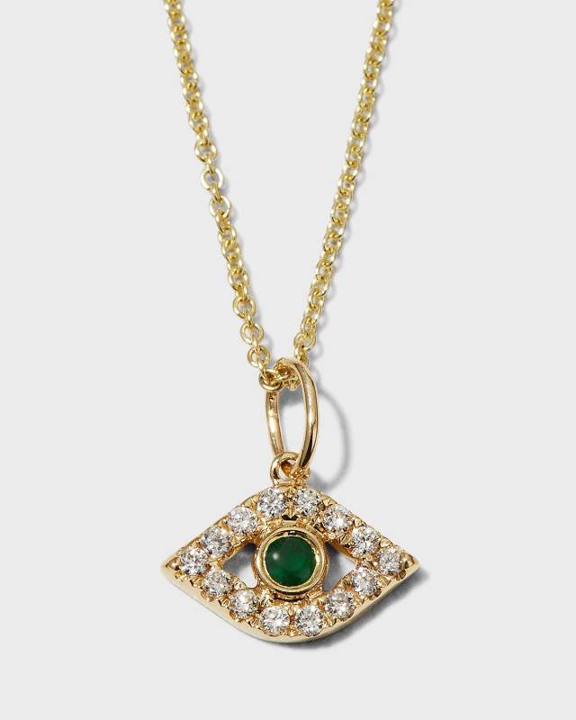 Large Bezel Evil Eye Emerald Center Charm Necklace with Diamonds