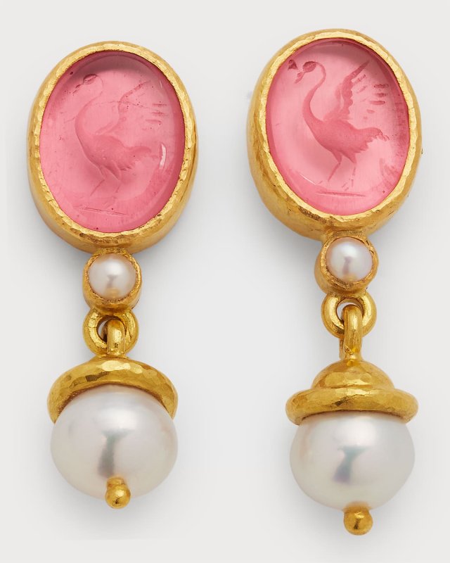 19k Gold Crane Intaglio & Akoya Pearl Drop Earrings