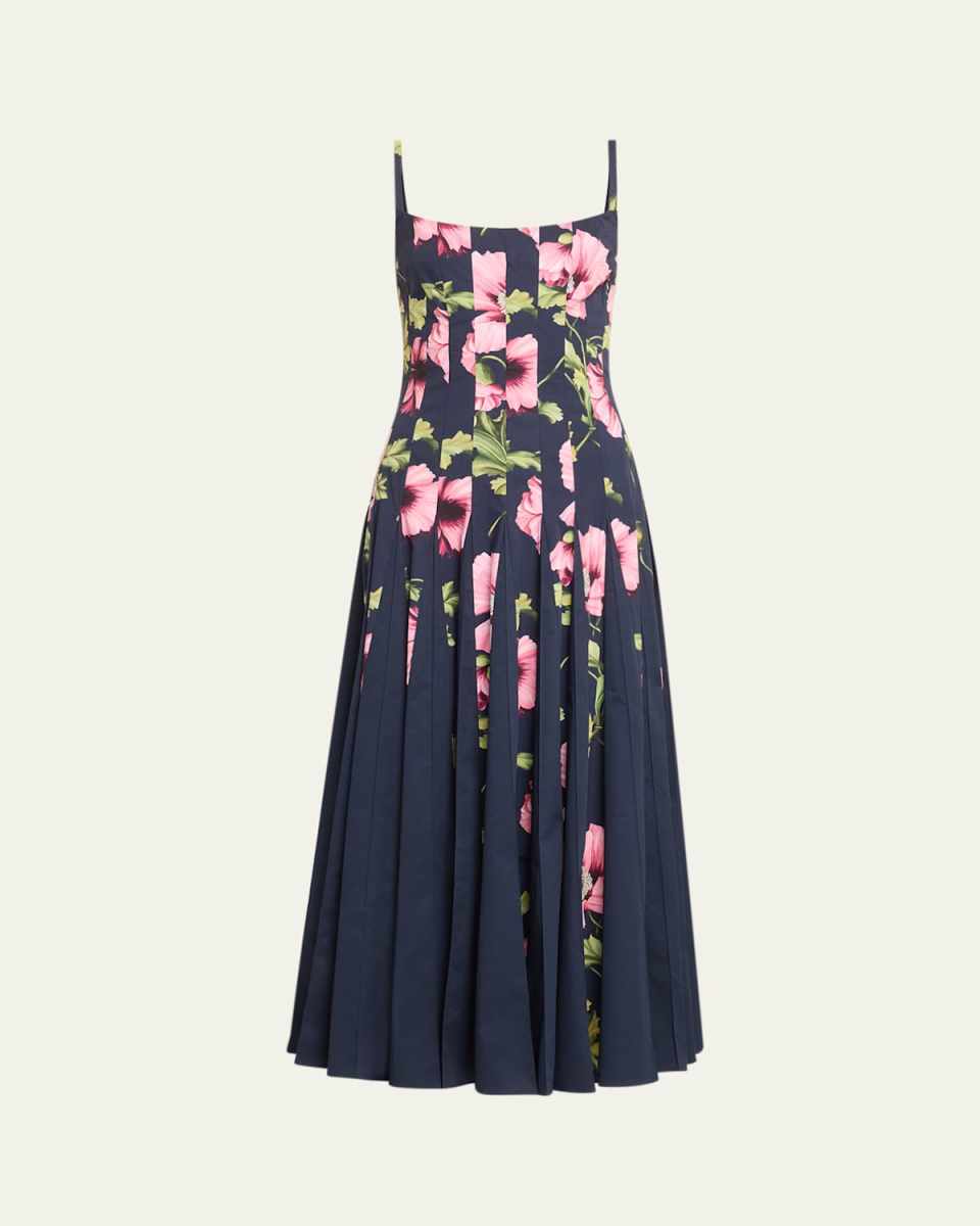 Poppies-Print Square-Neck Sleeveless Inset Midi Dress