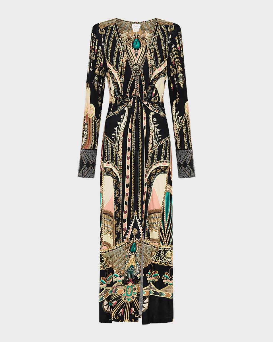 Long V-Neck Twist-Front Jersey Dress