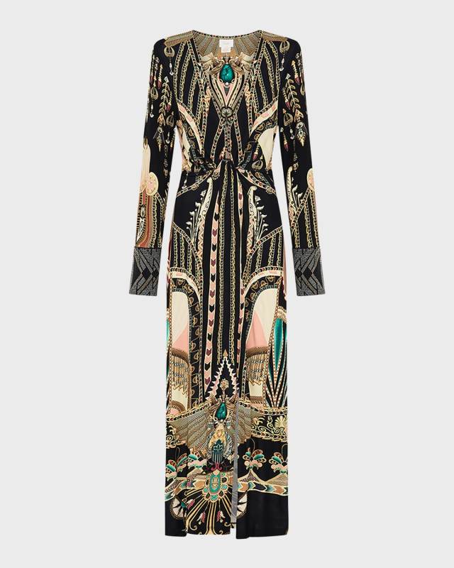 Long V-Neck Twist-Front Jersey Dress