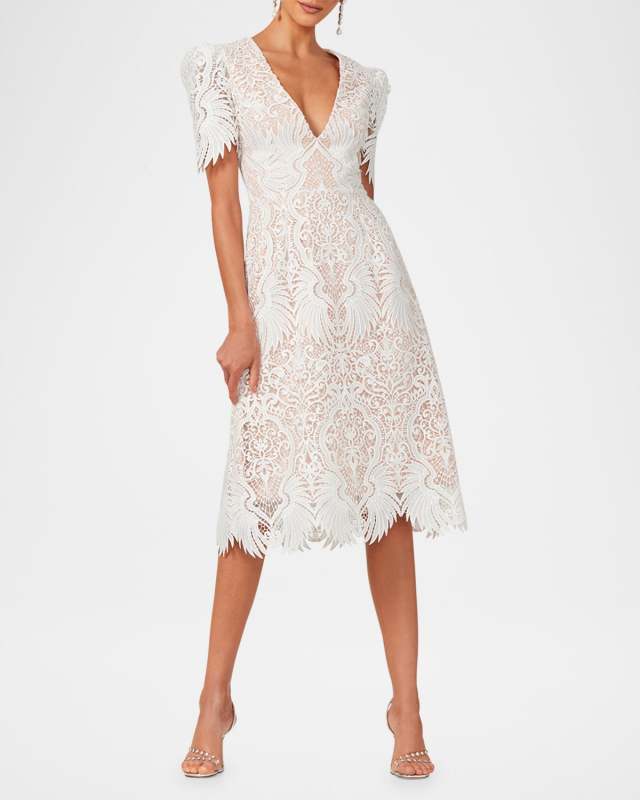 Ava Embroidered Puff-Sleeve Midi Dress