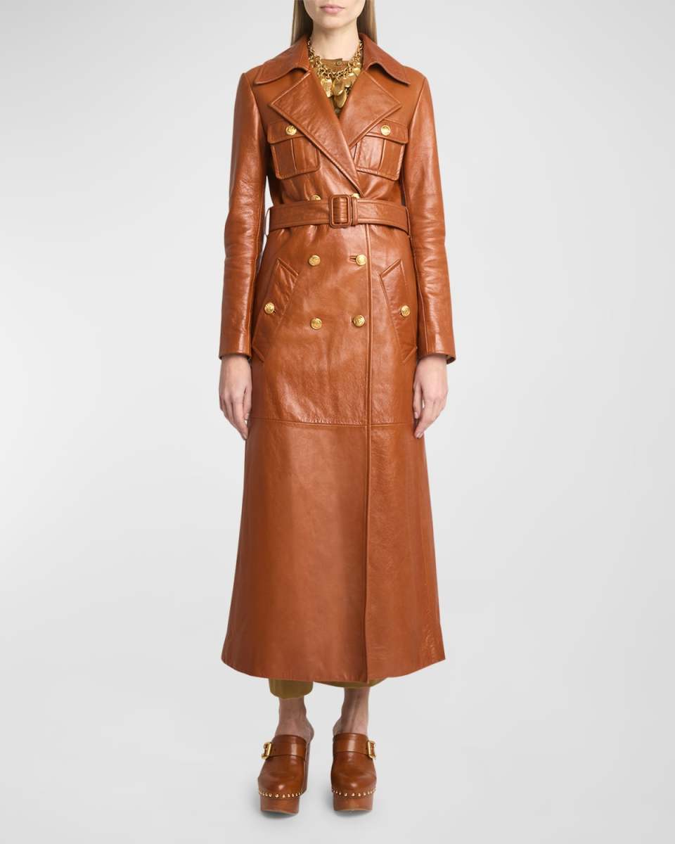 Glossy Leather Belted Long Trench Coat