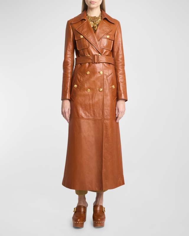 Glossy Leather Belted Long Trench Coat