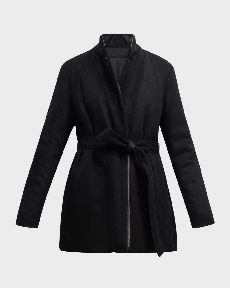Reversible Leather-Trim Wrap Coat