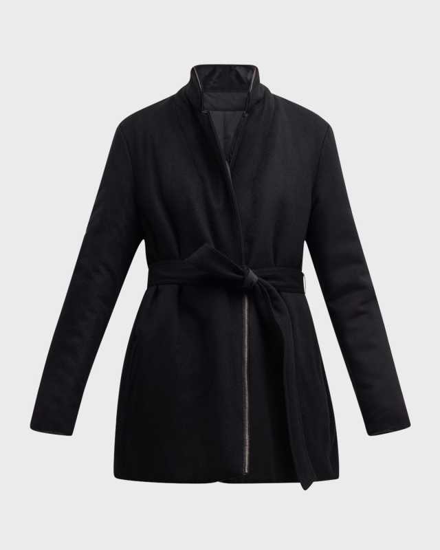 Reversible Leather-Trim Wrap Coat