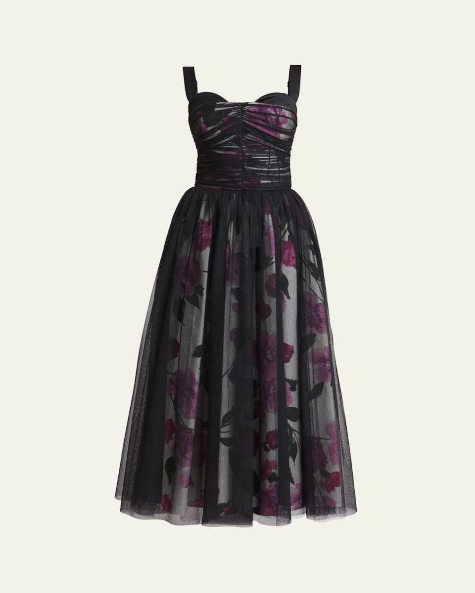 Floral Sleeveless Midi Dress with Tulle Overlay