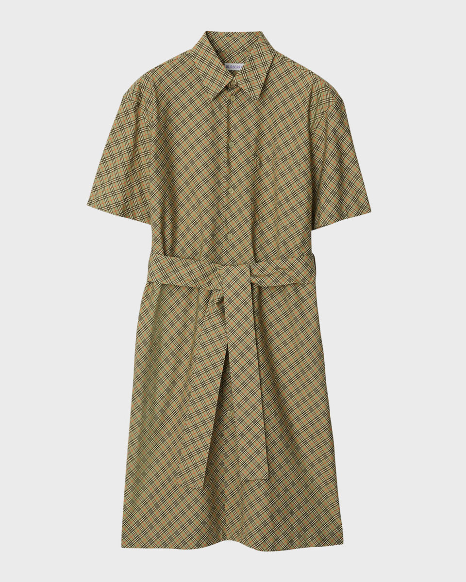 Check Short-Sleeve Belted Midi Shirtdress