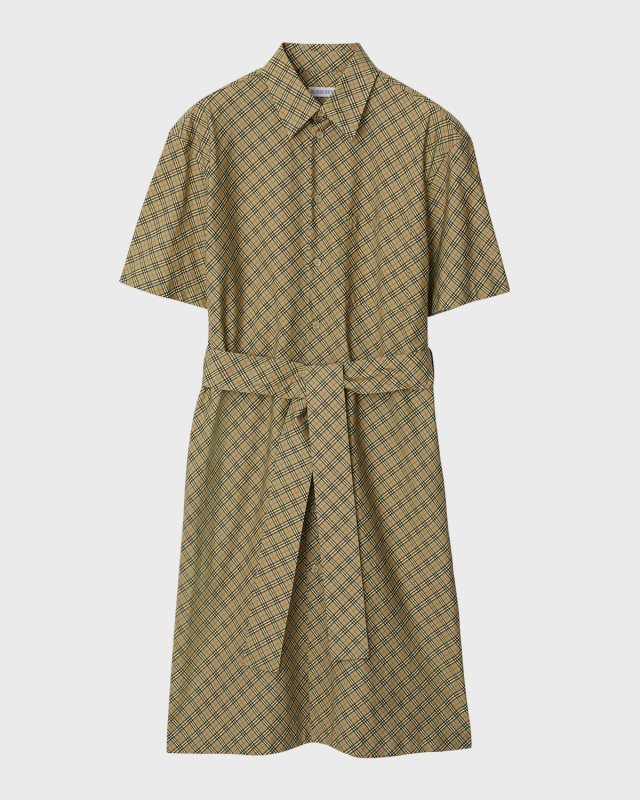 Check Short-Sleeve Belted Midi Shirtdress