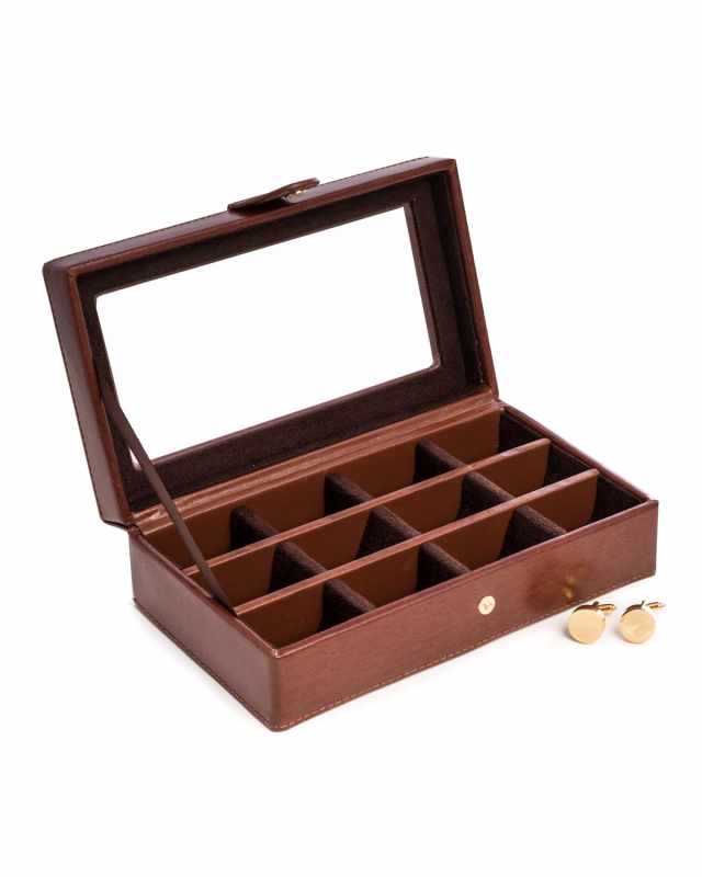 Men's 12-Cufflink Leather Storage Box w/ Glass Top