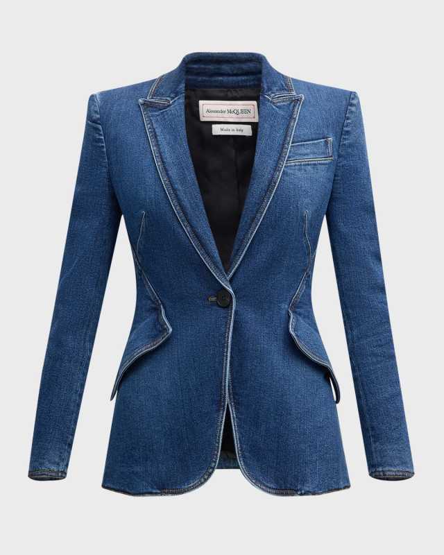 Medium-Wash Denim Single-Breasted Blazer