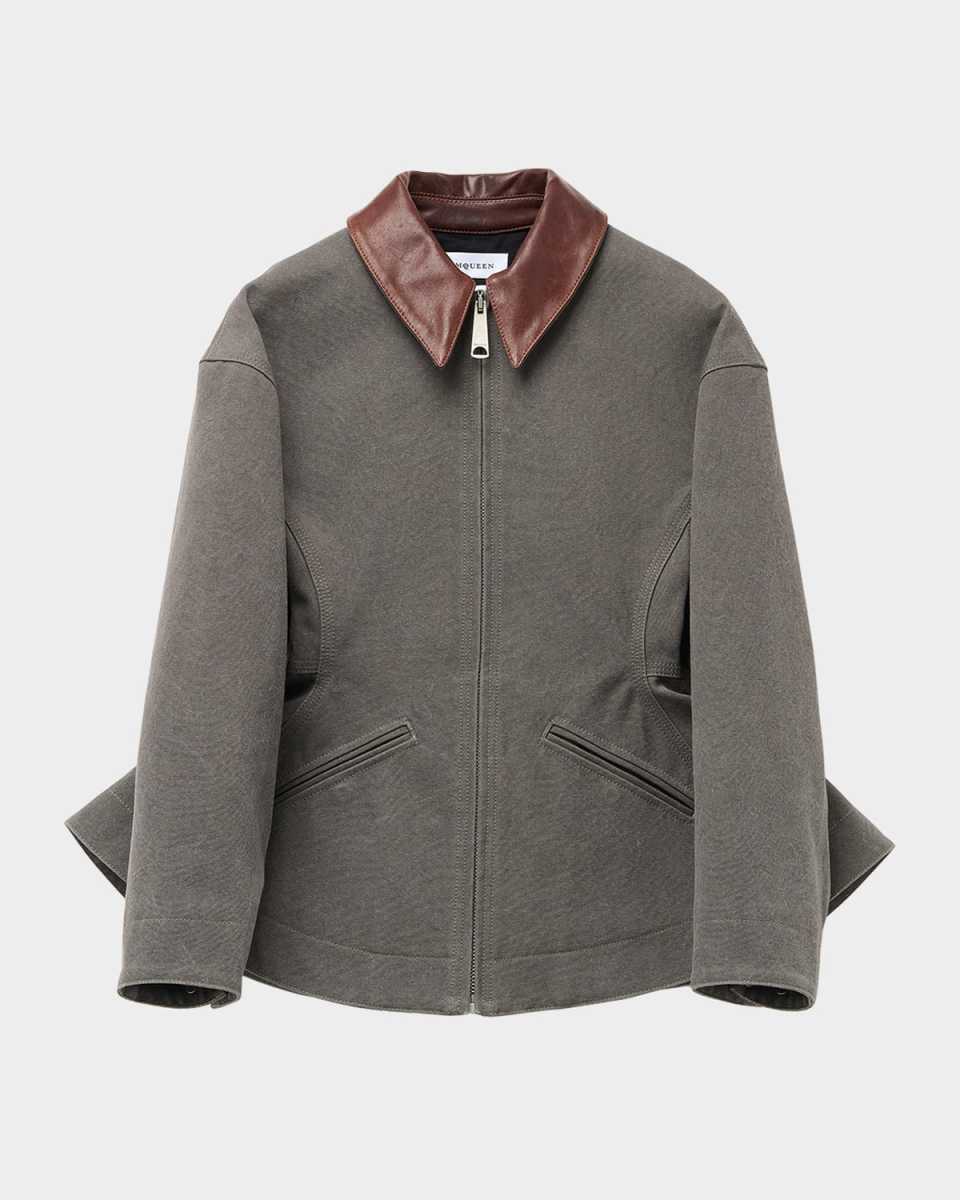 Waisted Canvas Full-Zip Jacket with Lambskin Collar