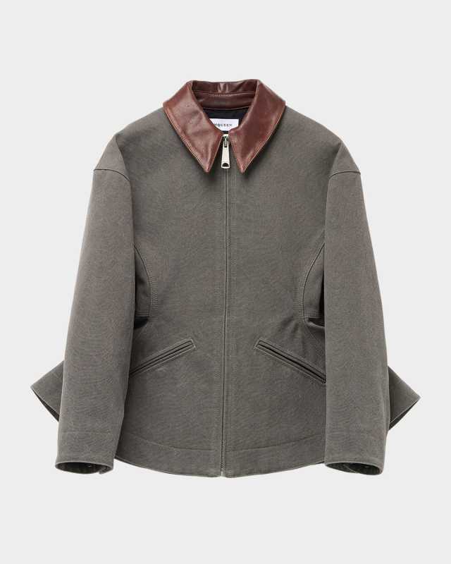 Waisted Canvas Full-Zip Jacket with Lambskin Collar
