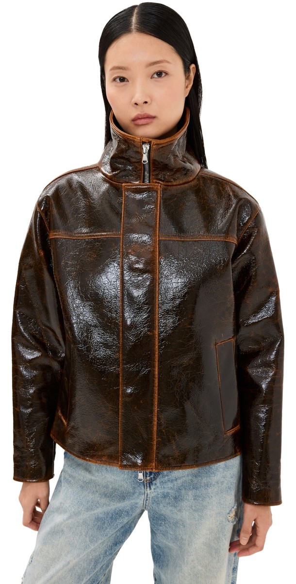 Brandon Maxwell The Everett Trucker Jacket with Tall Collar Mahogany Glaze