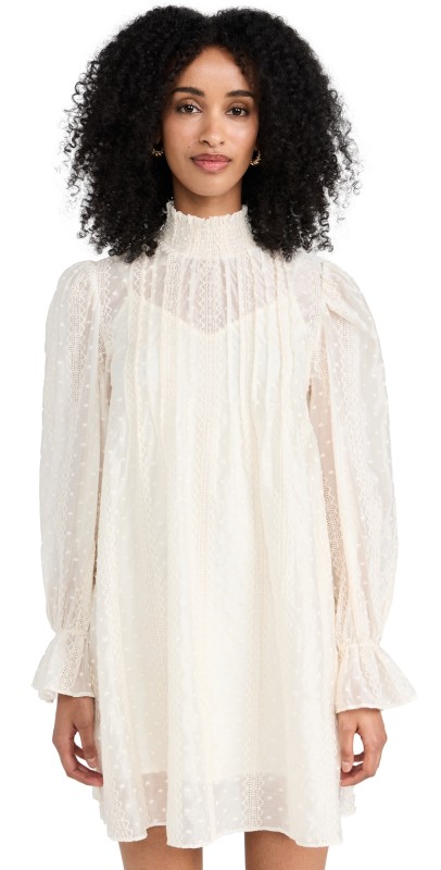 English Factory Embroidered Organza Smock Neck Dress Ivory
