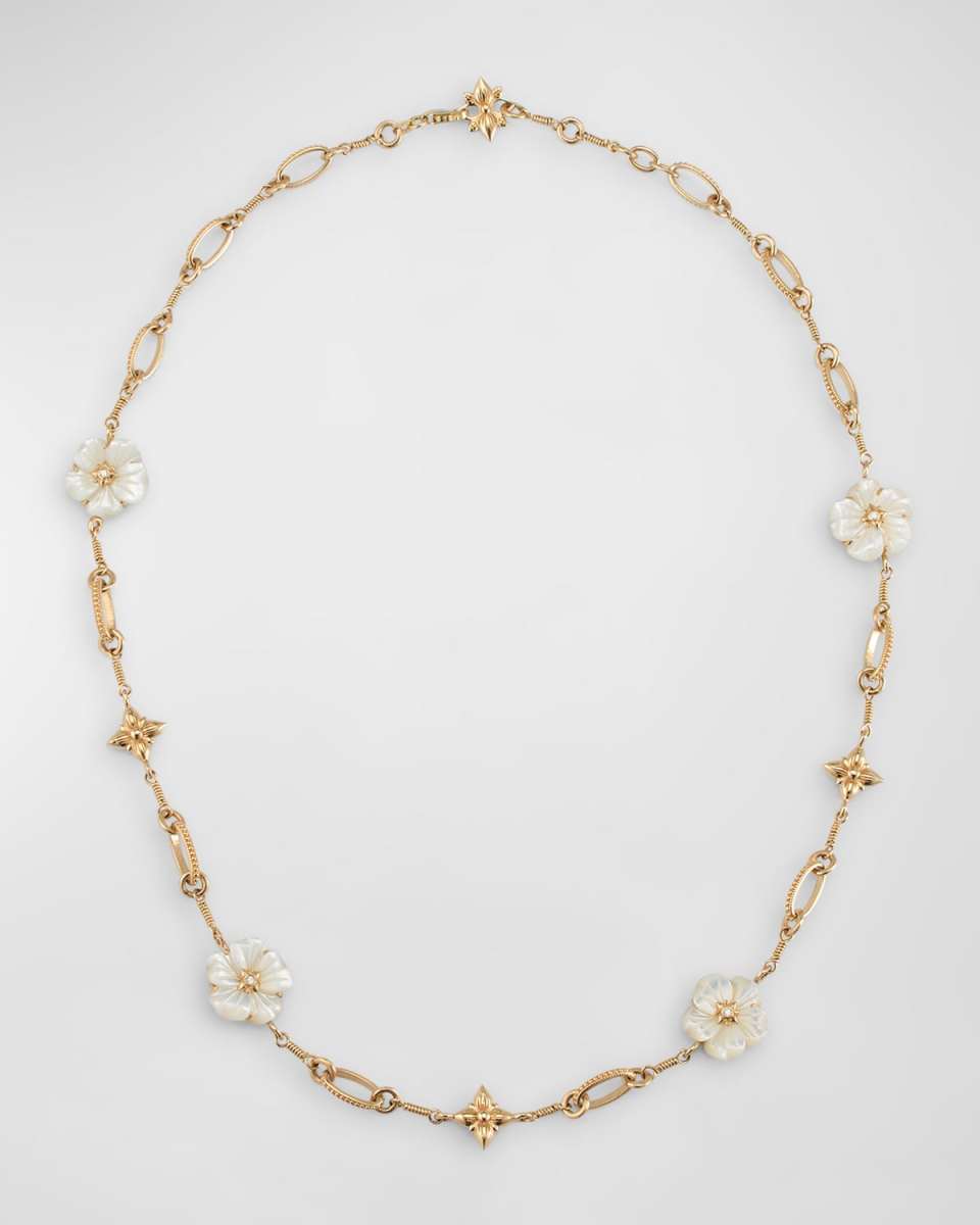 Carved Natural Mother of Pearl and Diamond Necklace in 18K Gold