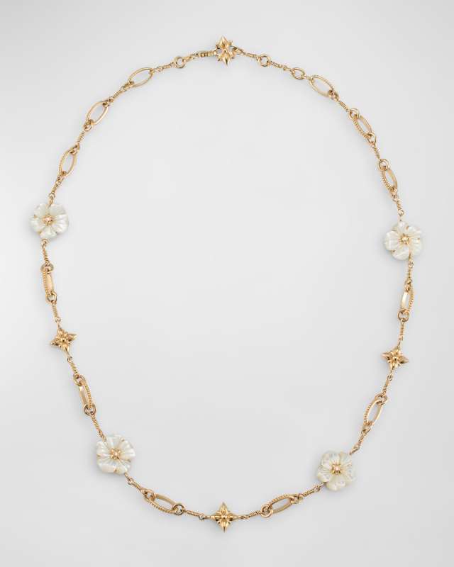 Carved Natural Mother of Pearl and Diamond Necklace in 18K Gold