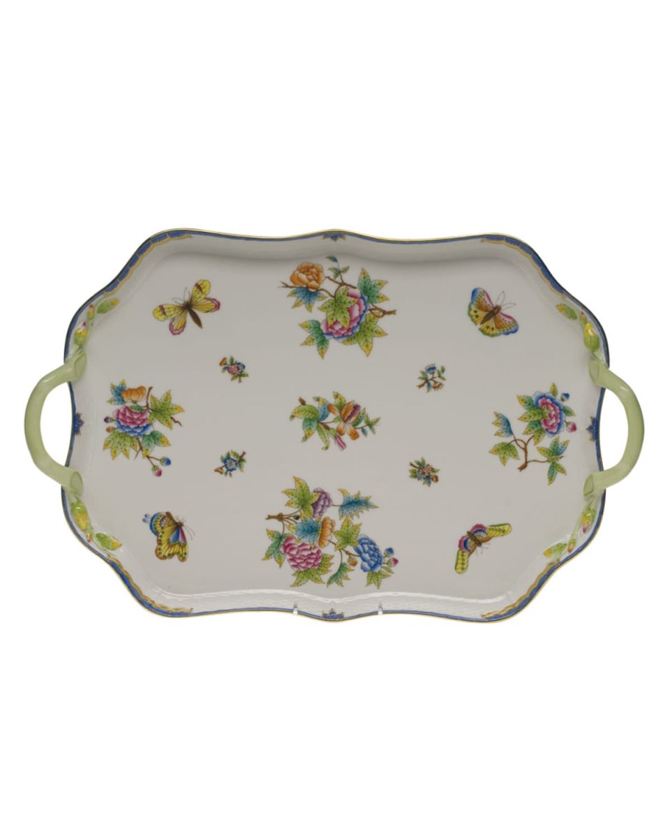 Queen Victoria Blue Rectangular Tray with Branch Handles