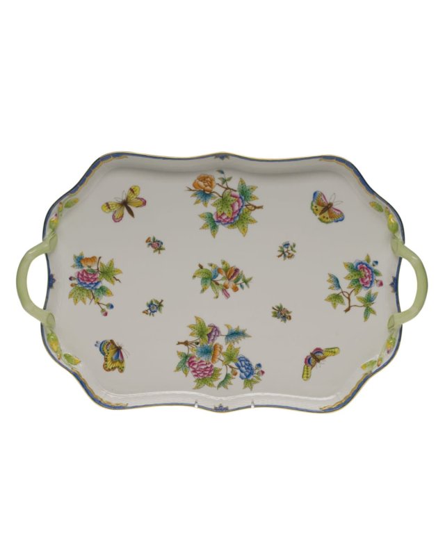 Queen Victoria Blue Rectangular Tray with Branch Handles