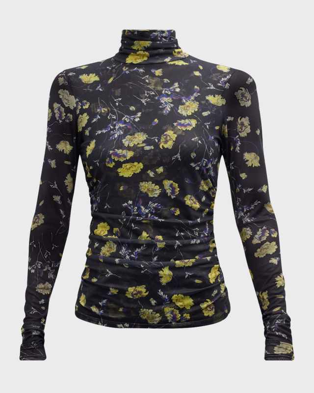 Bridgette Shirred Mesh Turtleneck Top