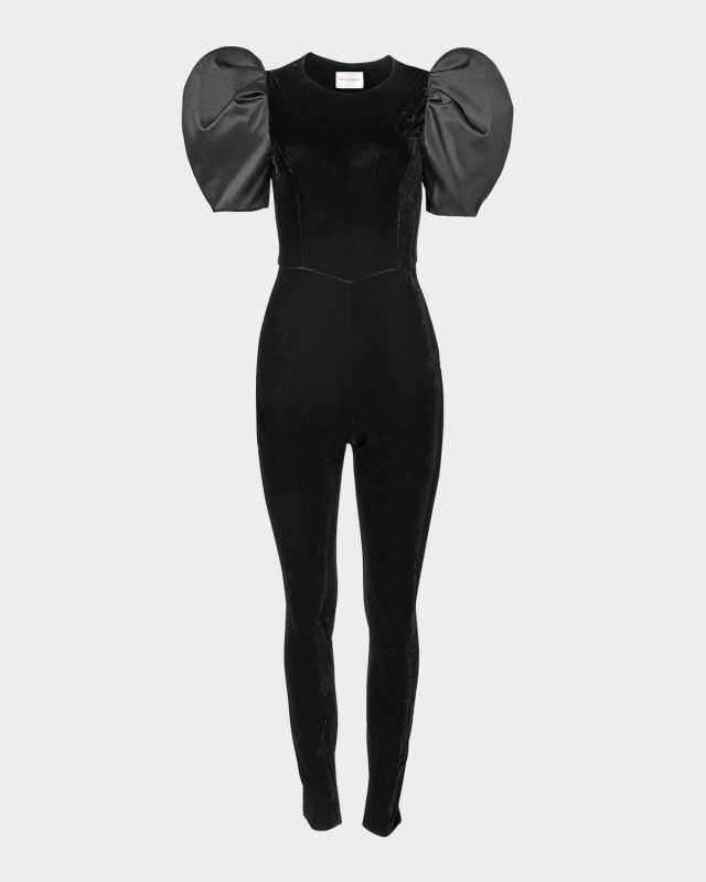 Puff-Sleeve Skinny-Leg Velvet Jumpsuit