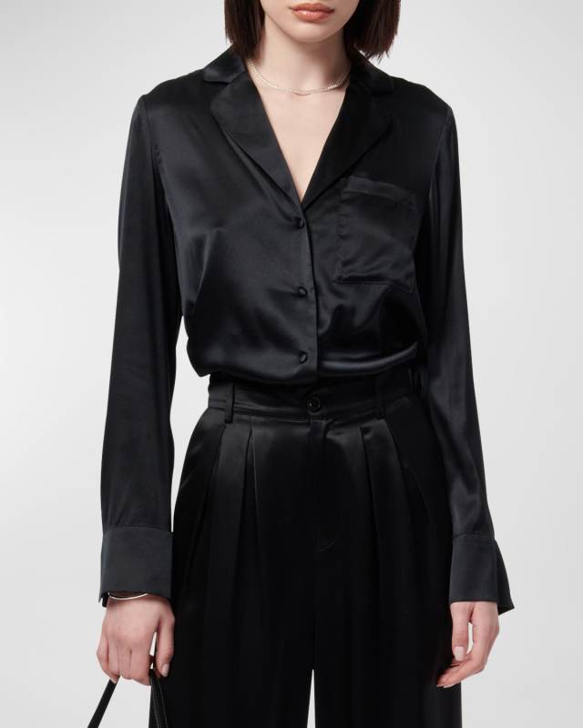 Raelda Lace-Back Silk Button-Front Top