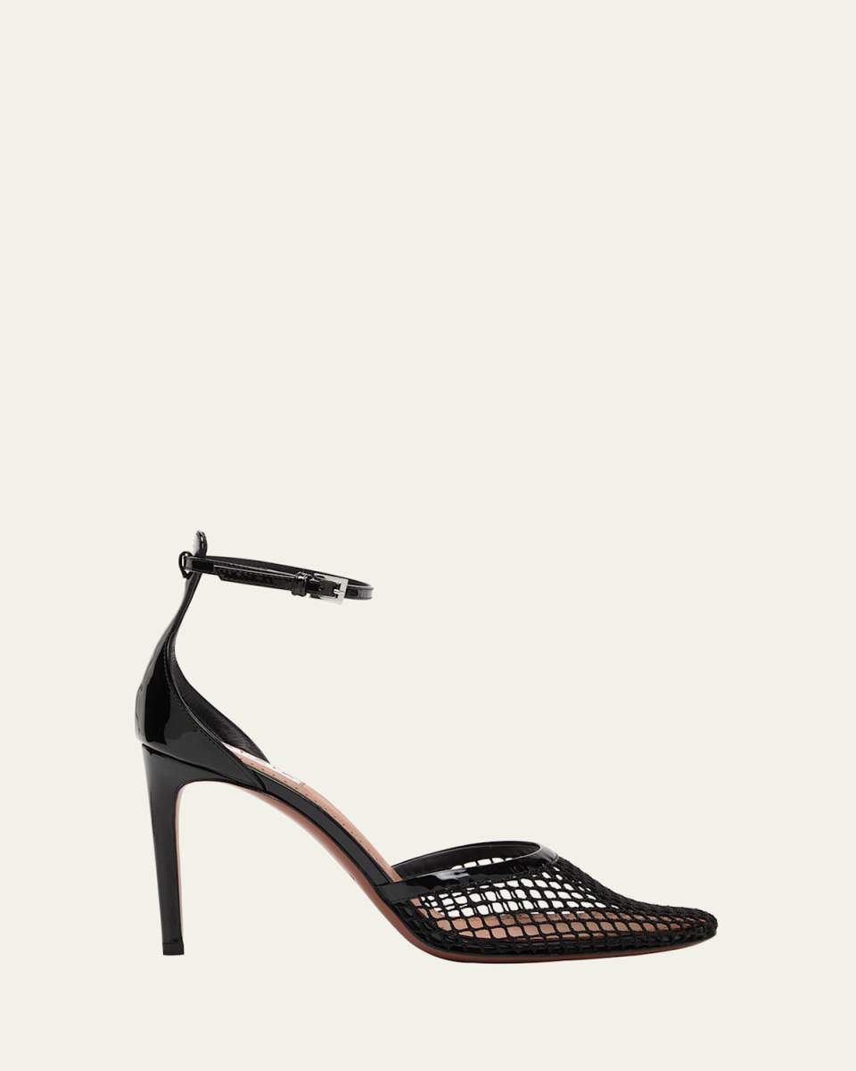 Fishnet Patent Ankle-Strap Pumps