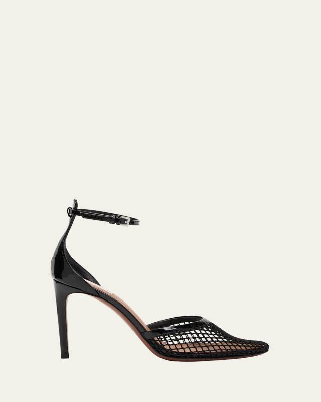 Fishnet Patent Ankle-Strap Pumps