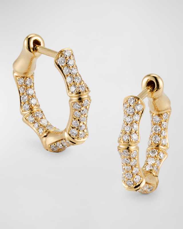 18K Yellow Gold Diamond Bamboo Huggie Hoop Earrings