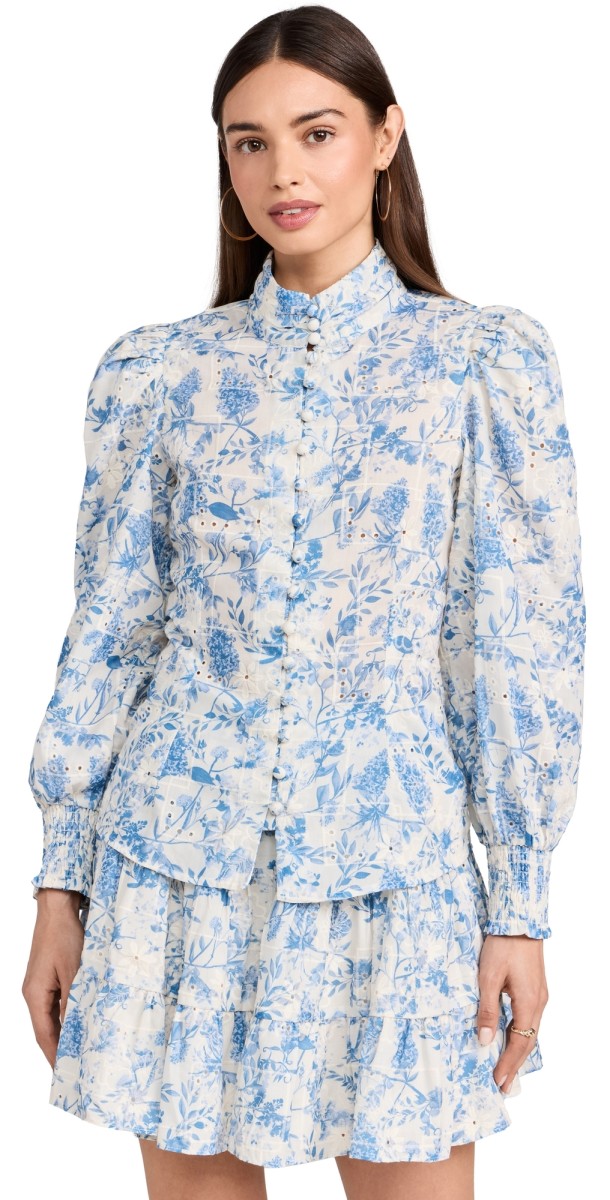 English Factory Digital Print Button Down Blouse Blue/Off White