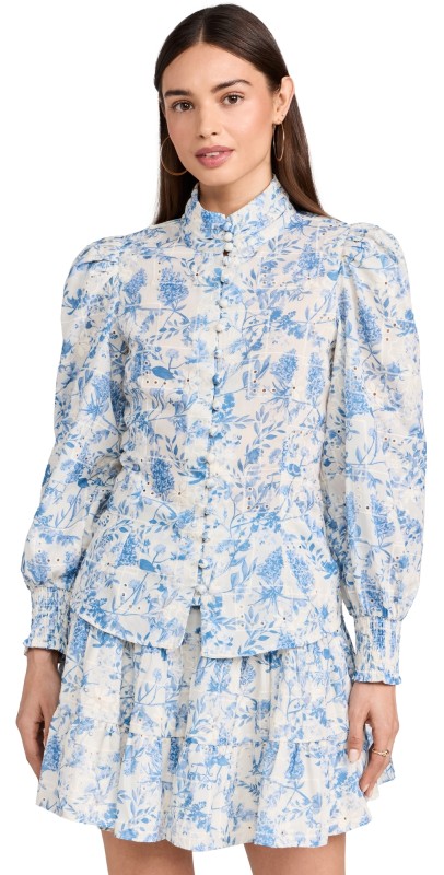 English Factory Digital Print Button Down Blouse Blue/Off White