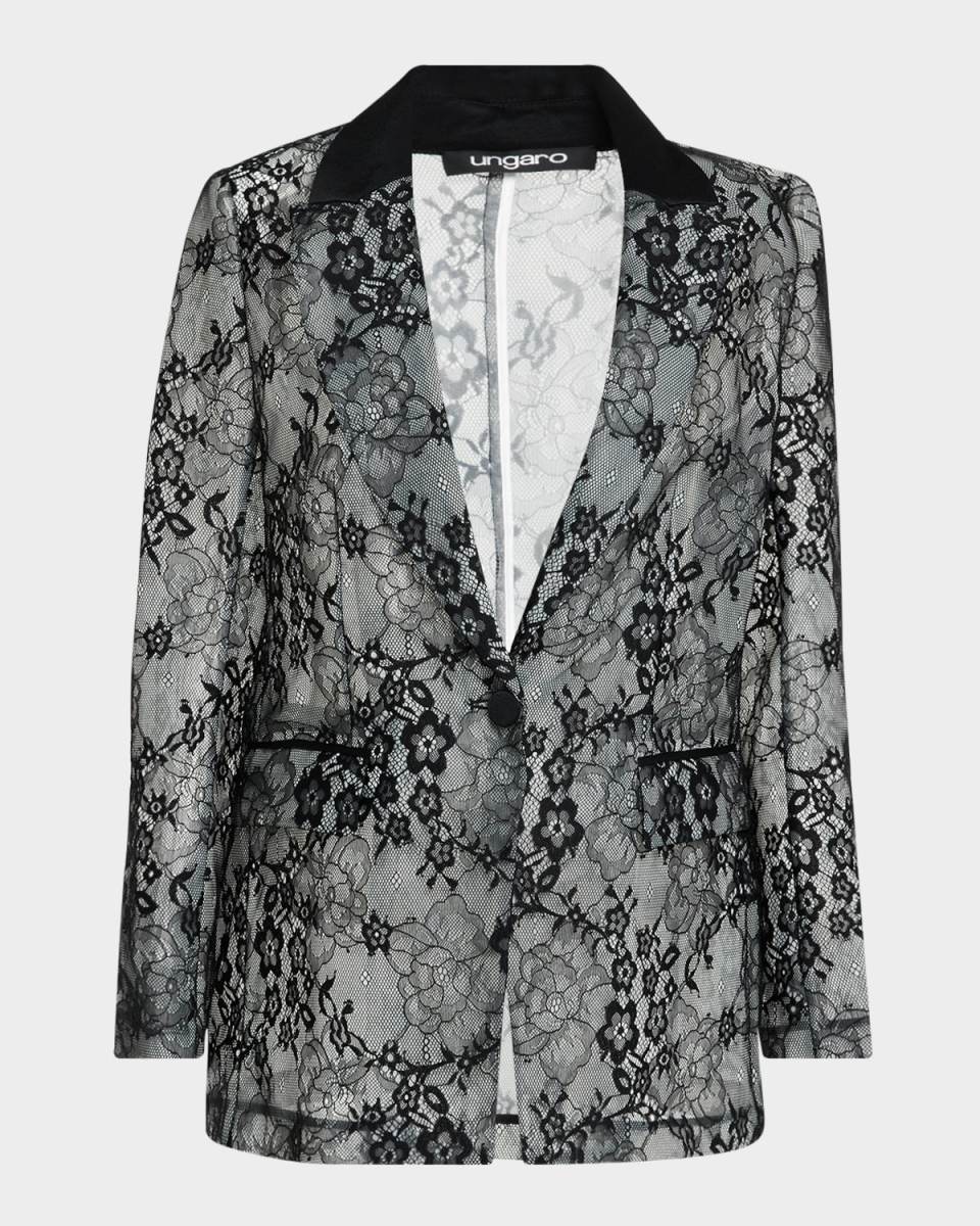 Single-Button Flocked Lace Blazer