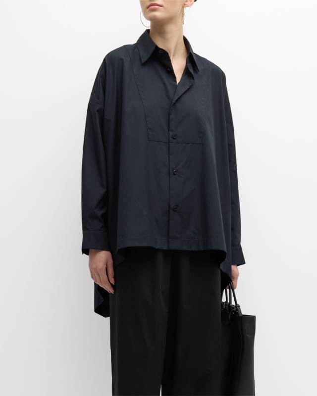 High-Low Button-Front Mid Plus Shirt with a Bib Front
