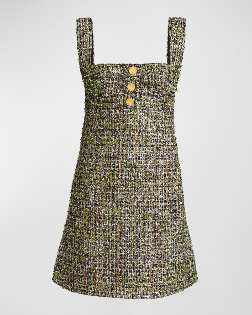 Square-Neck Metallic Eyelash Tweed Sleeveless Mini Dress