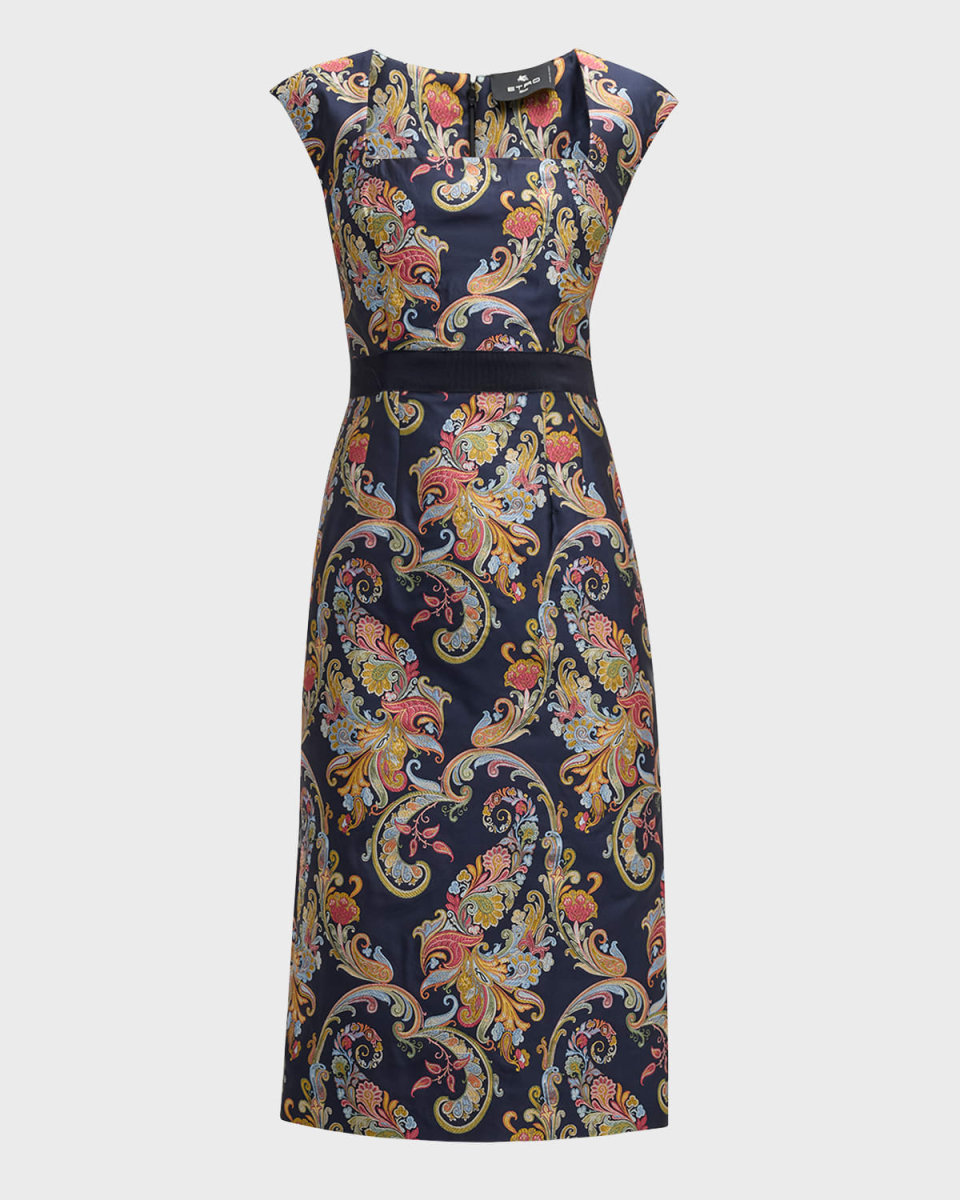 Paisley Brocade Square-Neck Sleeveless Midi Dress