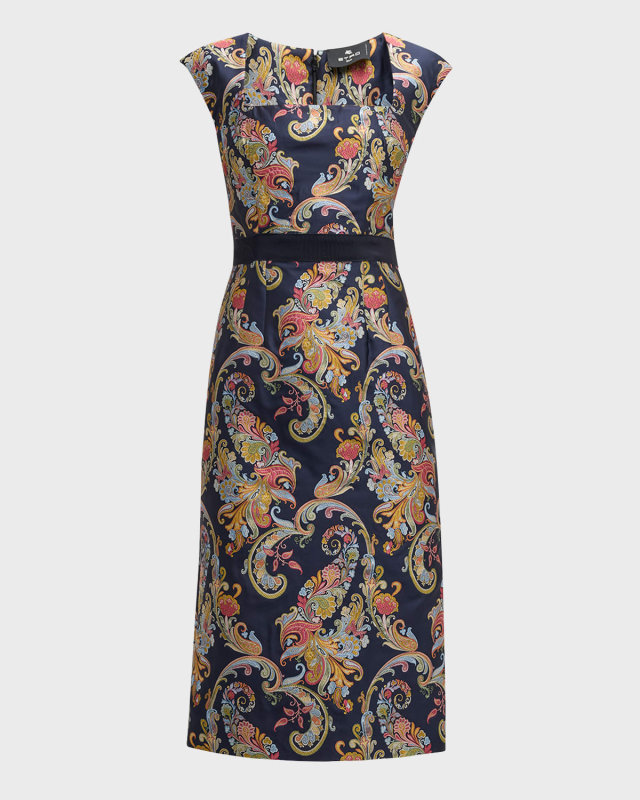 Paisley Brocade Square-Neck Sleeveless Midi Dress