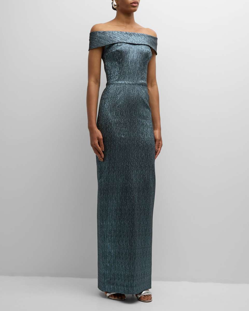 Off-Shoulder Metallic Column Gown
