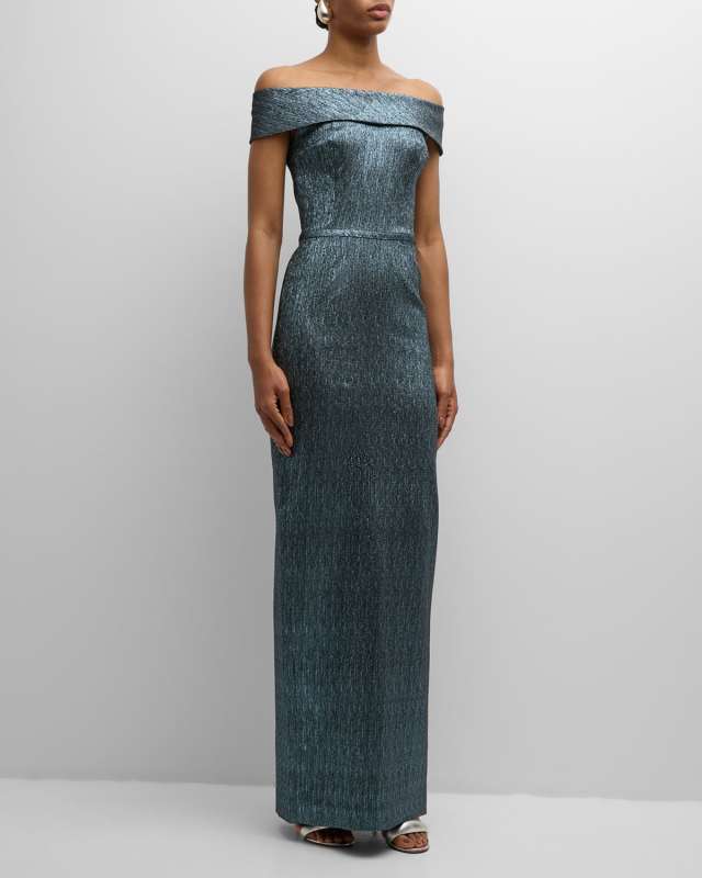 Off-Shoulder Metallic Column Gown