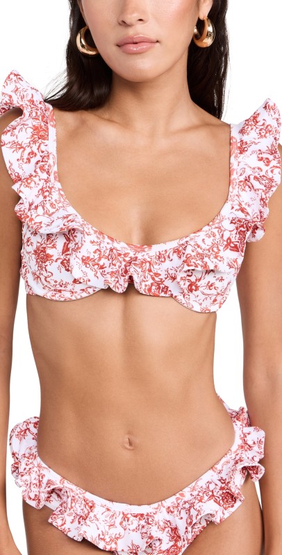 CAROLINE CONSTAS Anastasia Ruffle Scoop Neck Bikini Top Madder Red Toile