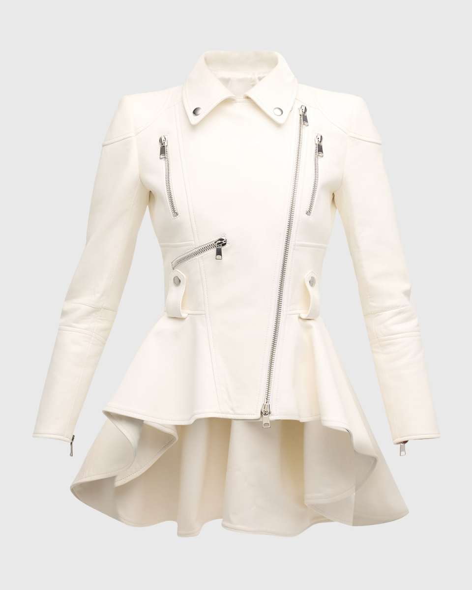 Fitted Leather Biker Peplum Jkt
