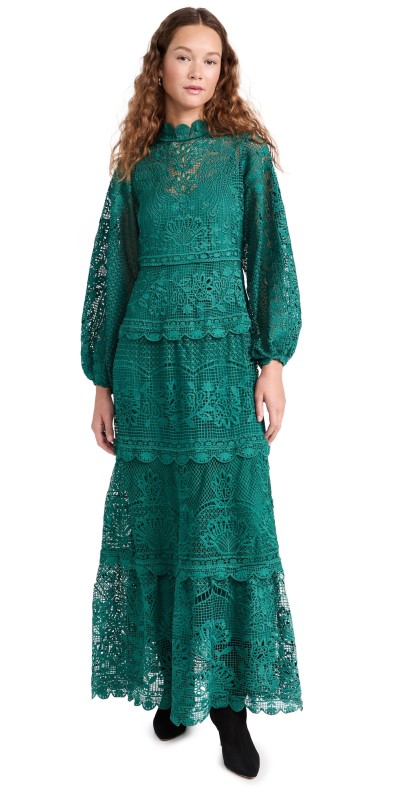 FARM Rio Dark Green Guipureong Sleeve Maxi Dress Green