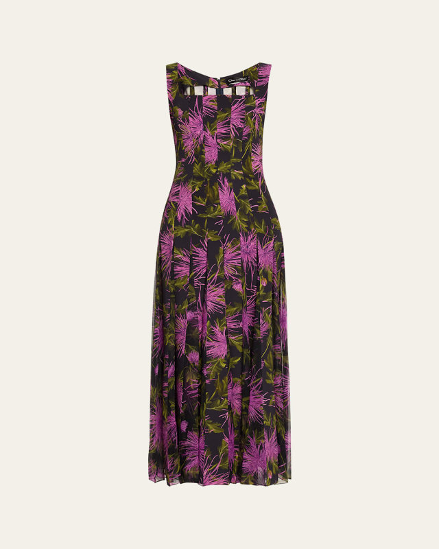 Chrysanthemum Print Pleated Maxi Dress
