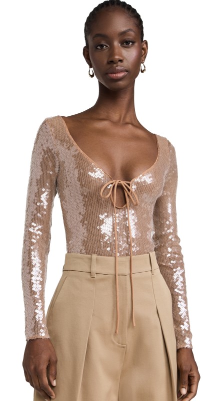 BARDOT Verona Sequin Thong Bodysuit Nude