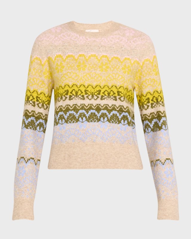 Lace Fair Isle Rhinestone Crewneck Sweater