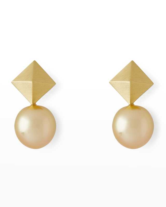 18K Yellow Gold 11mm Golden South Sea Pearl and 2-Cube Earrings
