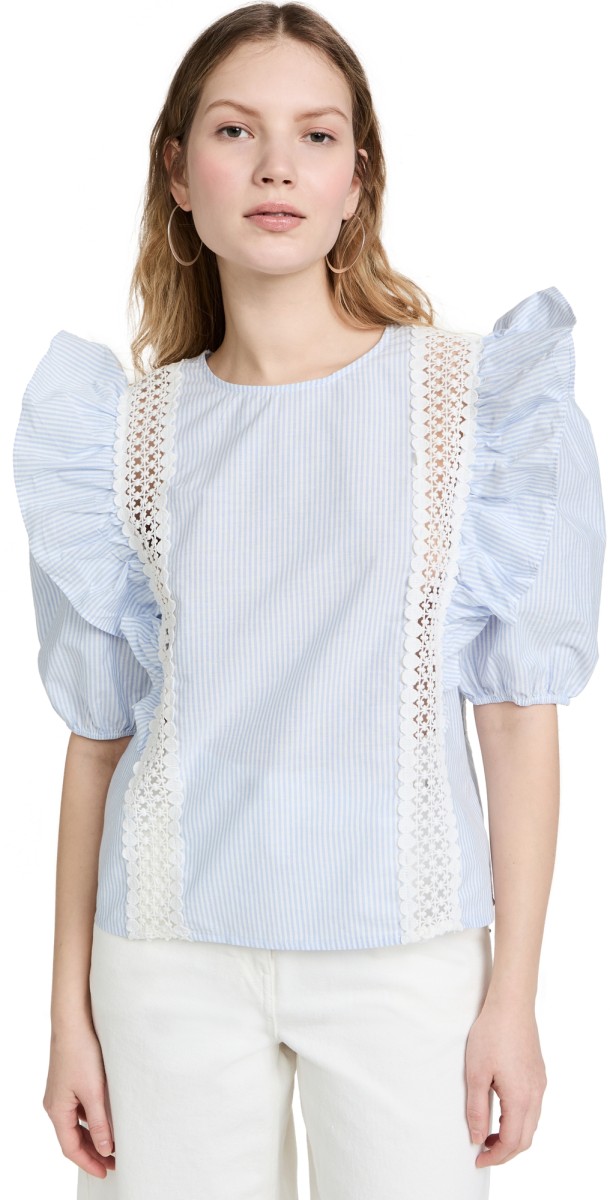 English Factory Lace Inserted Puffleeves Top Blue
