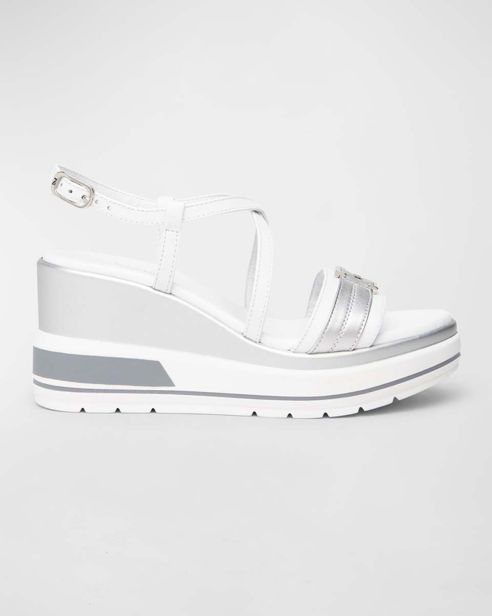 Leather Wedge Sandals with Logo Plate
